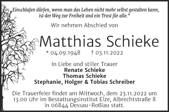 Traueranzeige von Matthias Schieke von Trauerkombi Dessau