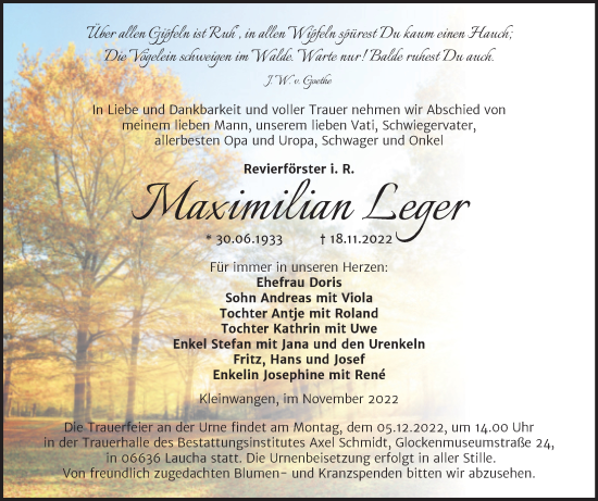 Traueranzeige von Maximilian Leger von Wochenspiegel Naumburg/Nebra