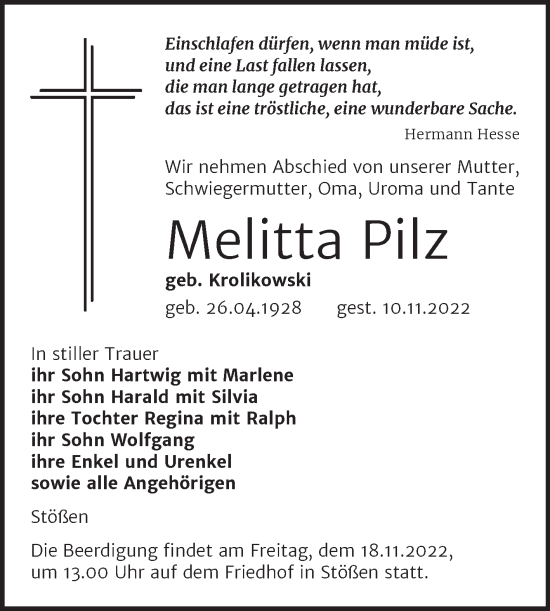 Traueranzeige von Melitta Pilz von Wochenspiegel Naumburg/Nebra