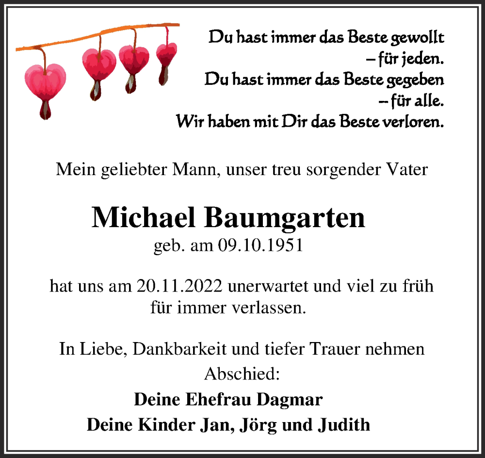  Traueranzeige für Michael Baumgarten vom 26.11.2022 aus Trauerkombi Bitterfeld