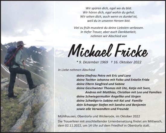 Traueranzeige von Michael Fricke von Mitteldeutsche Zeitung Sangerhausen