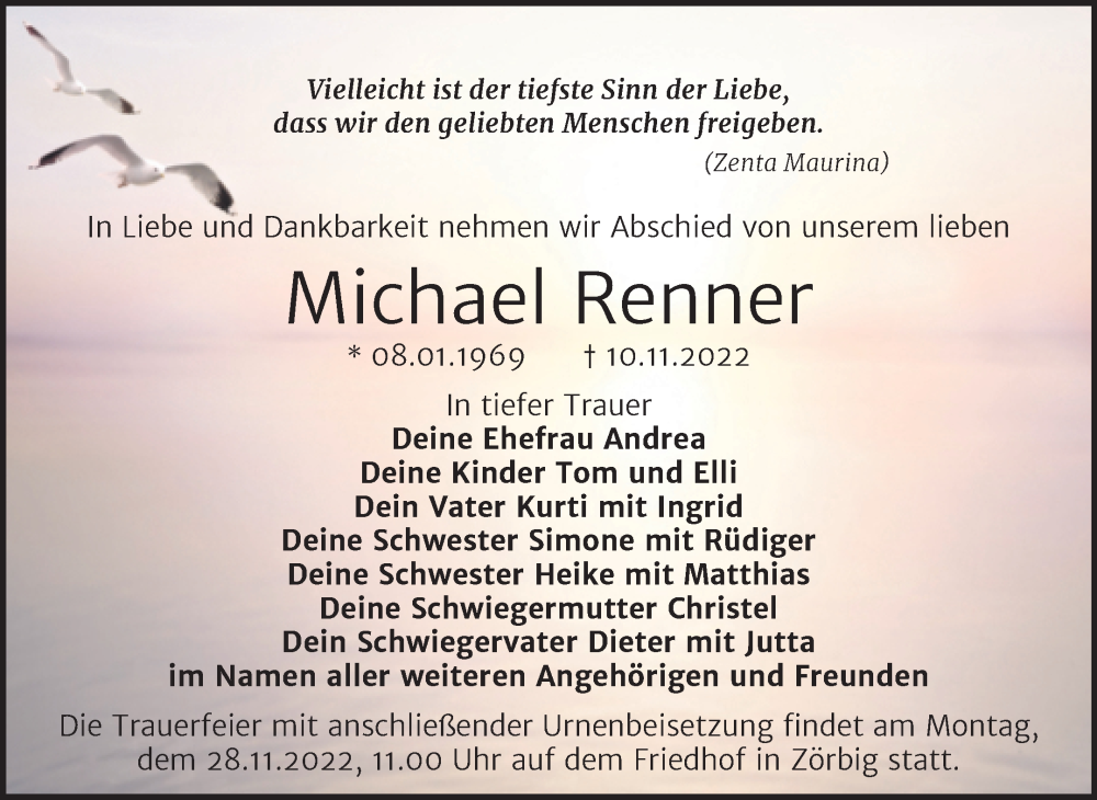  Traueranzeige für Michael Renner vom 19.11.2022 aus Mitteldeutsche Zeitung Halle/Saalkreis