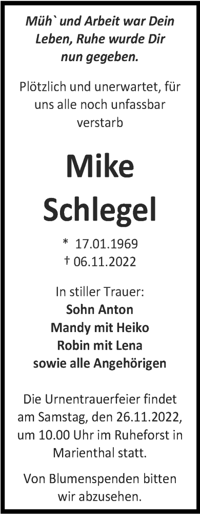 Traueranzeige von Mike Schlegel von Wochenspiegel Naumburg/Nebra