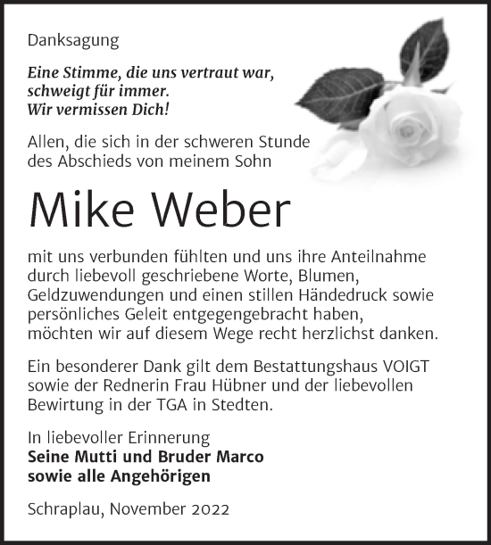 Traueranzeige von Mike Weber von Trauerkombi Merseburg