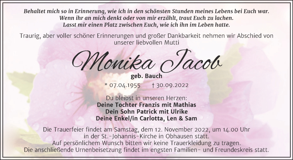  Traueranzeige für Monika Jacob vom 02.11.2022 aus Trauerkombi Merseburg