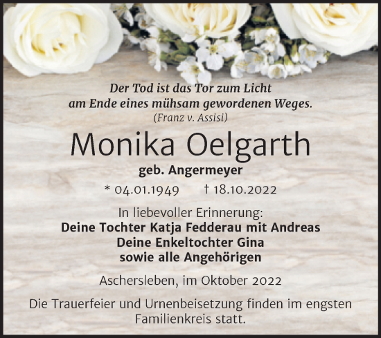 Traueranzeige von Monika Oelgarth von Super Sonntag Aschersleben