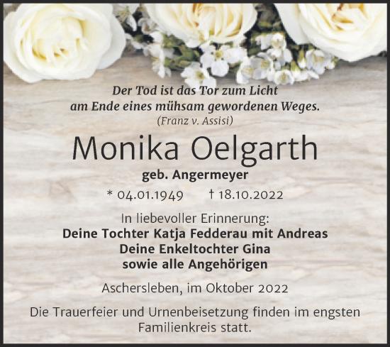Traueranzeige von Monika Oelgarth von Trauerkombi Aschersleben
