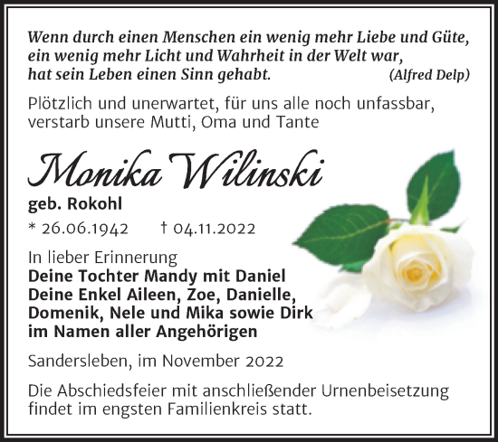 Traueranzeige von Monika Wilinski von Trauerkombi Mansfelder Land