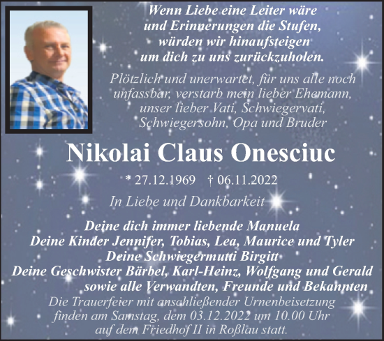 Traueranzeige von Nikolai Claus Onesciue von Trauerkombi Dessau