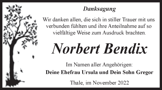 Traueranzeige von Norbert Bendix von Trauerkombi Quedlinburg