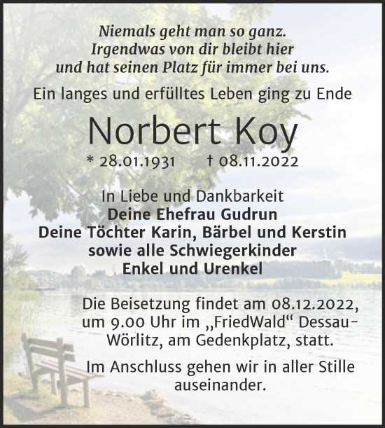 Traueranzeige von Norbert Koy von Mitteldeutsche Zeitung Dessau-Roßlau