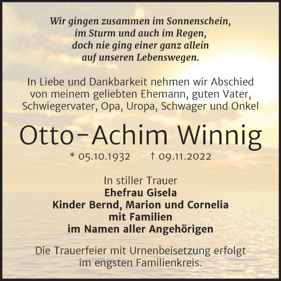 Traueranzeige von Otto-Achim Winnig von Trauerkombi Bernburg