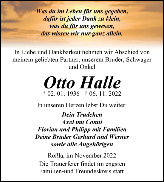 Traueranzeige von Otto Halle von Trauerkombi Sangerhausen