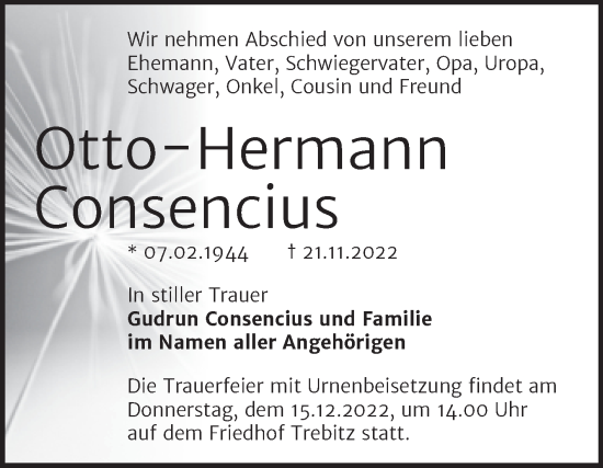 Traueranzeige von Otto-Hermann Consencius von Trauerkombi Bernburg
