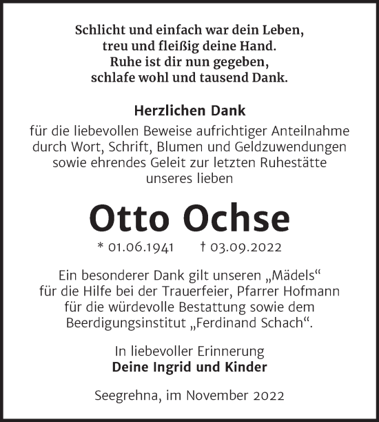 Traueranzeige von Otto Ochse von Trauerkombi Wittenberg