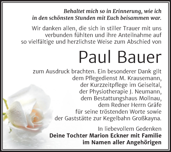 Traueranzeige von Paul Bauer von Trauerkombi Merseburg
