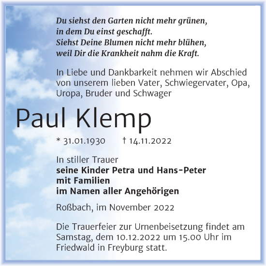 Traueranzeige von Paul Klemp von Trauerkombi Merseburg