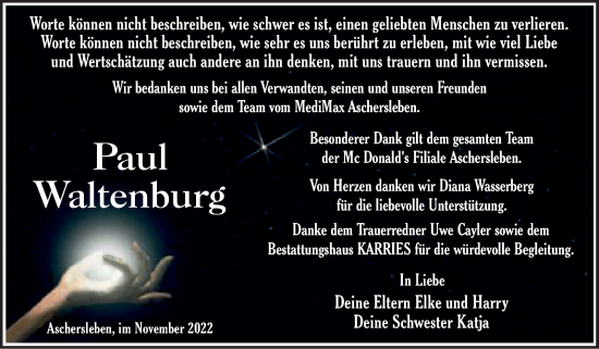 Traueranzeige von Paul Waltenburg von Trauerkombi Aschersleben