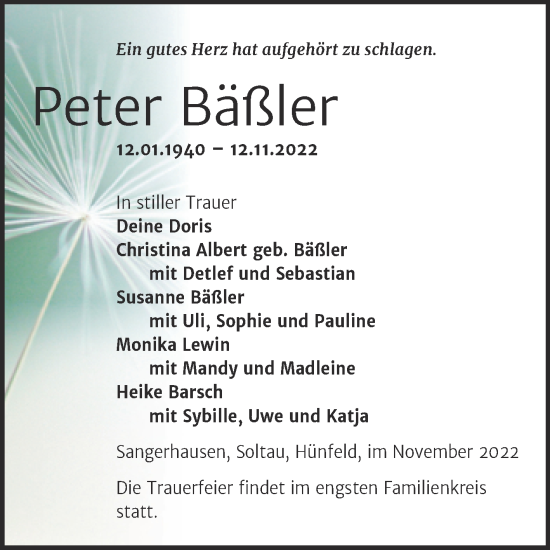 Traueranzeige von Peter Bäßler von Trauerkombi Sangerhausen