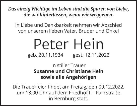 Traueranzeige von Peter Hein von Trauerkombi Bernburg