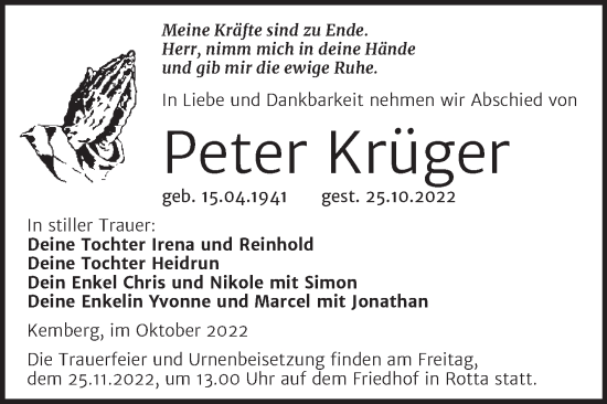Traueranzeige von Peter Krüger von Trauerkombi Wittenberg