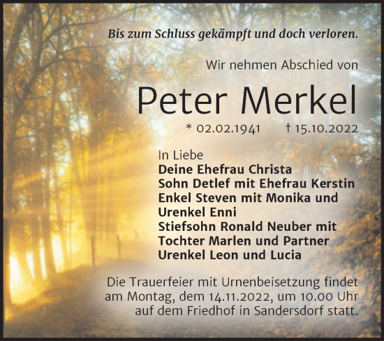Traueranzeige von Peter Merkel von Trauerkombi Bitterfeld