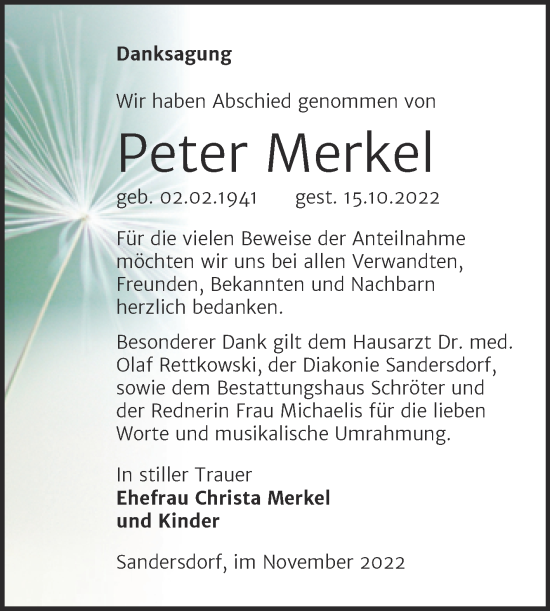 Traueranzeige von Peter Merkel von Trauerkombi Bitterfeld