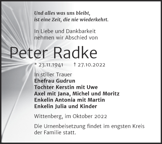 Traueranzeige von Peter Radke von Trauerkombi Wittenberg
