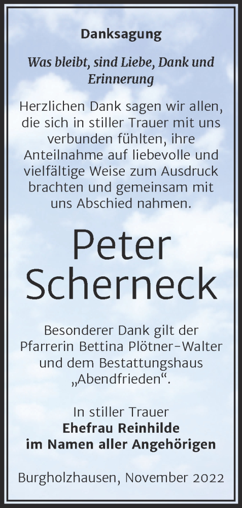 Traueranzeige von Peter Scherneck von Wochenspiegel Naumburg/Nebra