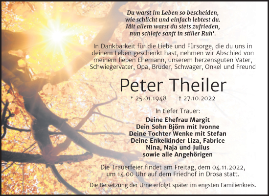 Traueranzeige von Peter Theiler von Trauerkombi Köthen