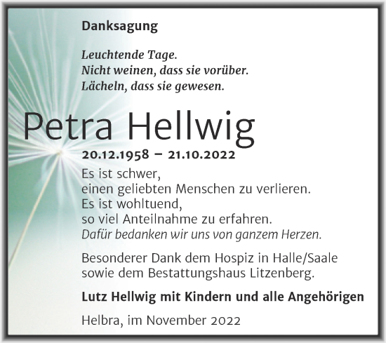 Traueranzeige von Petra Hellwig von Trauerkombi Mansfelder Land