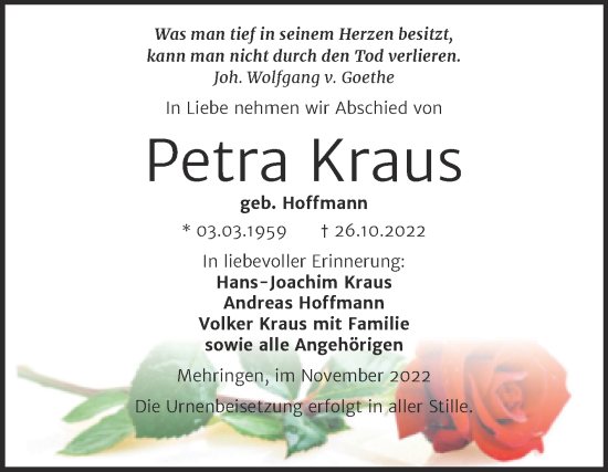 Traueranzeige von Petra Kraus von Trauerkombi Aschersleben