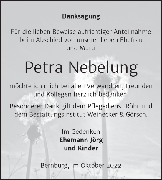 Traueranzeige von Petra Nebelung von Trauerkombi Bernburg