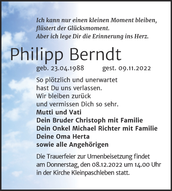 Traueranzeige von Philipp Berndt von Trauerkombi Bernburg