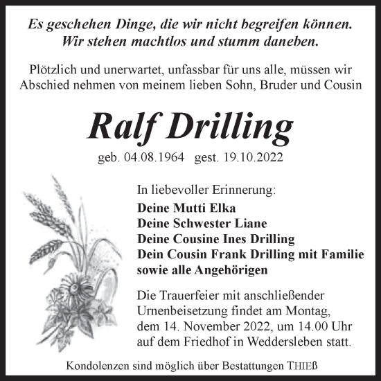 Traueranzeige von Ralf Drilling von Trauerkombi Quedlinburg