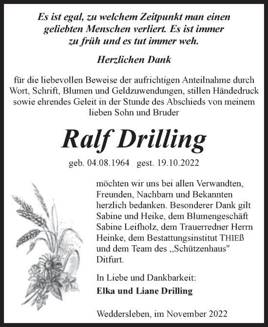 Traueranzeige von Ralf Drilling von Trauerkombi Quedlinburg