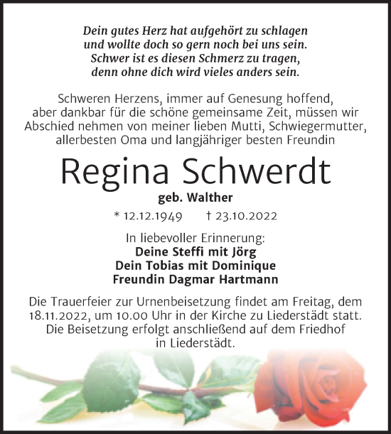 Traueranzeige von Regina Schwerdt von Trauerkombi Merseburg