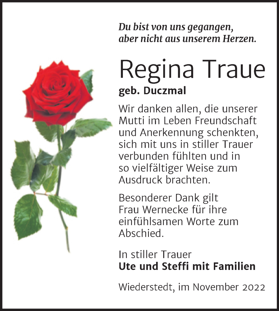  Traueranzeige für Regina Traue vom 12.11.2022 aus Trauerkombi Mansfelder Land