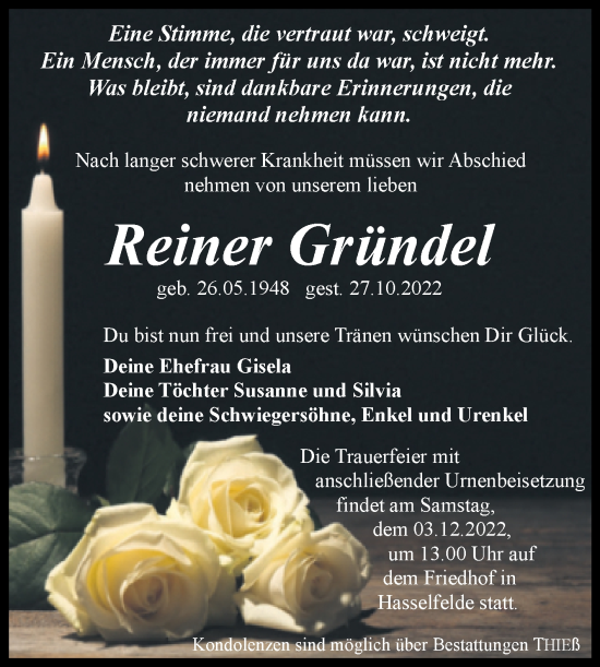 Traueranzeige von Reiner Gründel von Trauerkombi Quedlinburg