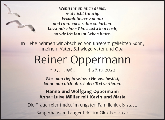 Traueranzeige von Reiner Oppermann von Trauerkombi Sangerhausen