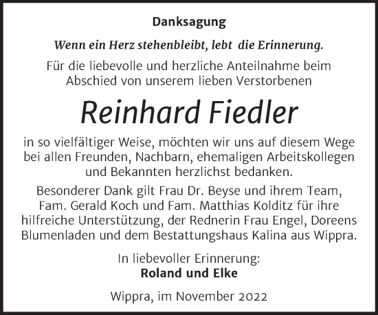 Traueranzeige von Reinhard Fiedler von Mitteldeutsche Zeitung Mansfelder Land