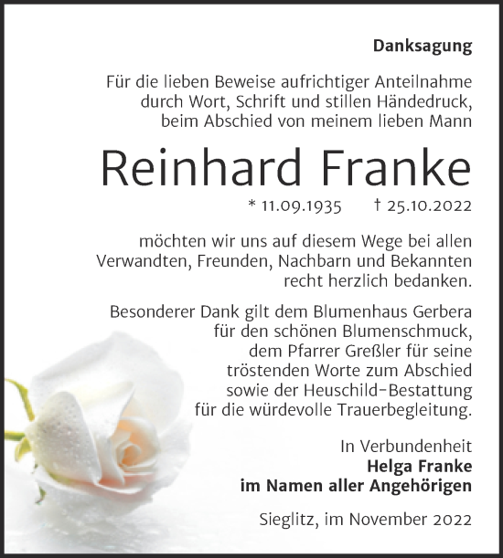 Traueranzeige von Reinhard Franke von Wochenspiegel Naumburg/Nebra
