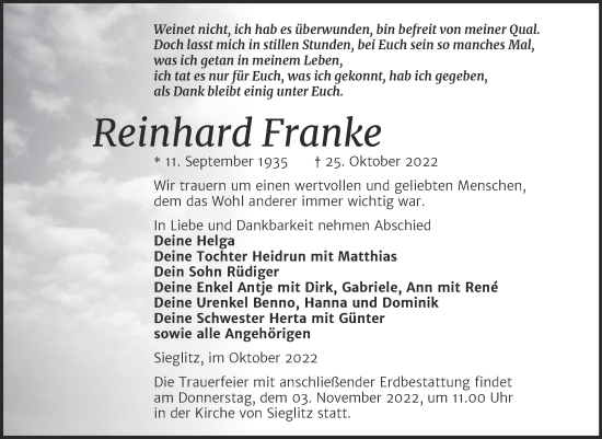 Traueranzeige von Reinhard Franke von Wochenspiegel Naumburg/Nebra
