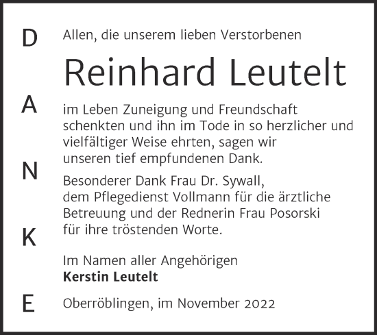 Traueranzeige von Reinhard Leutelt von Trauerkombi Sangerhausen