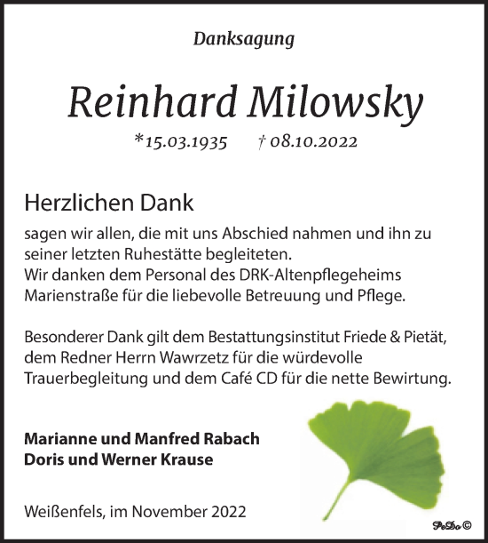 Traueranzeige von Reinhard Milowsky von Trauerkombi Weißenfels