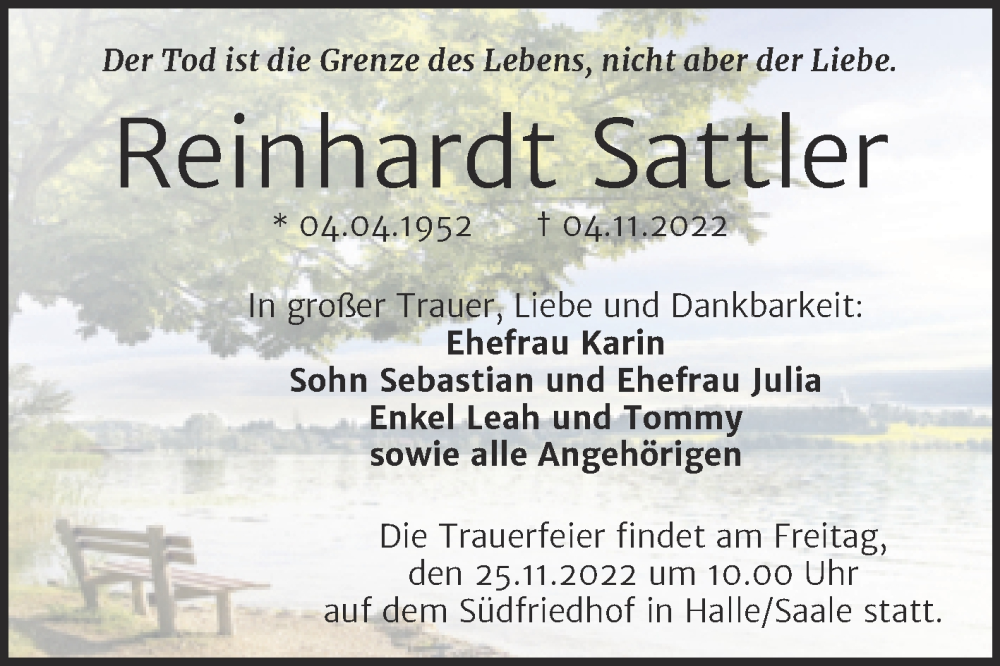  Traueranzeige für Reinhardt Sattler vom 12.11.2022 aus Mitteldeutsche Zeitung Halle/Saalkreis