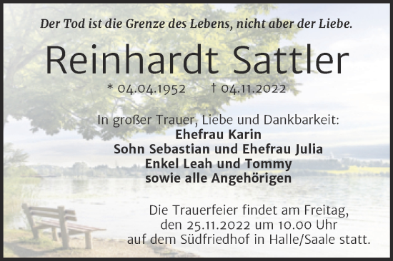 Traueranzeige von Reinhardt Sattler von Mitteldeutsche Zeitung Halle/Saalkreis
