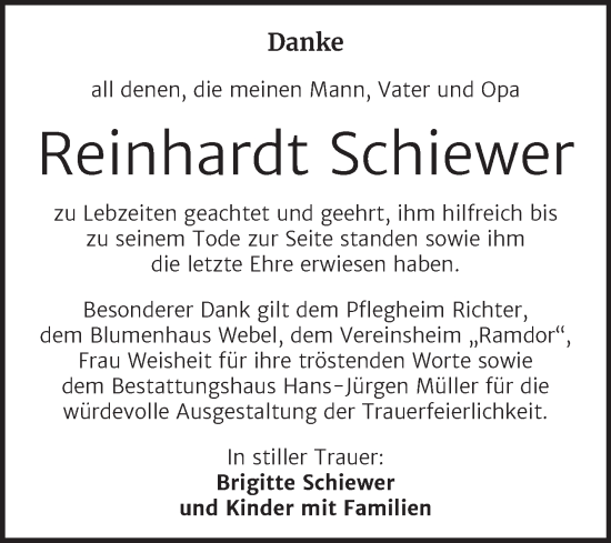 Traueranzeige von Reinhardt Schiewer von Trauerkombi Aschersleben