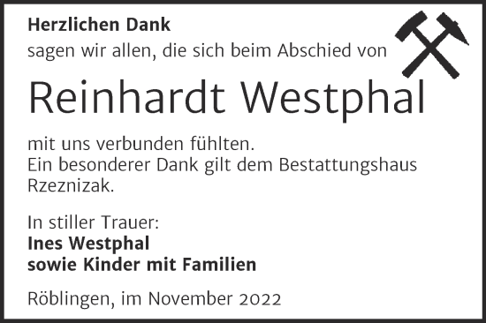 Traueranzeige von Reinhardt Westphal von Trauerkombi Mansfelder Land