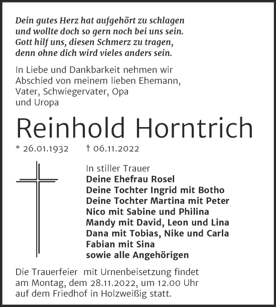 Traueranzeige von Reinhold Horntrich von Trauerkombi Bitterfeld